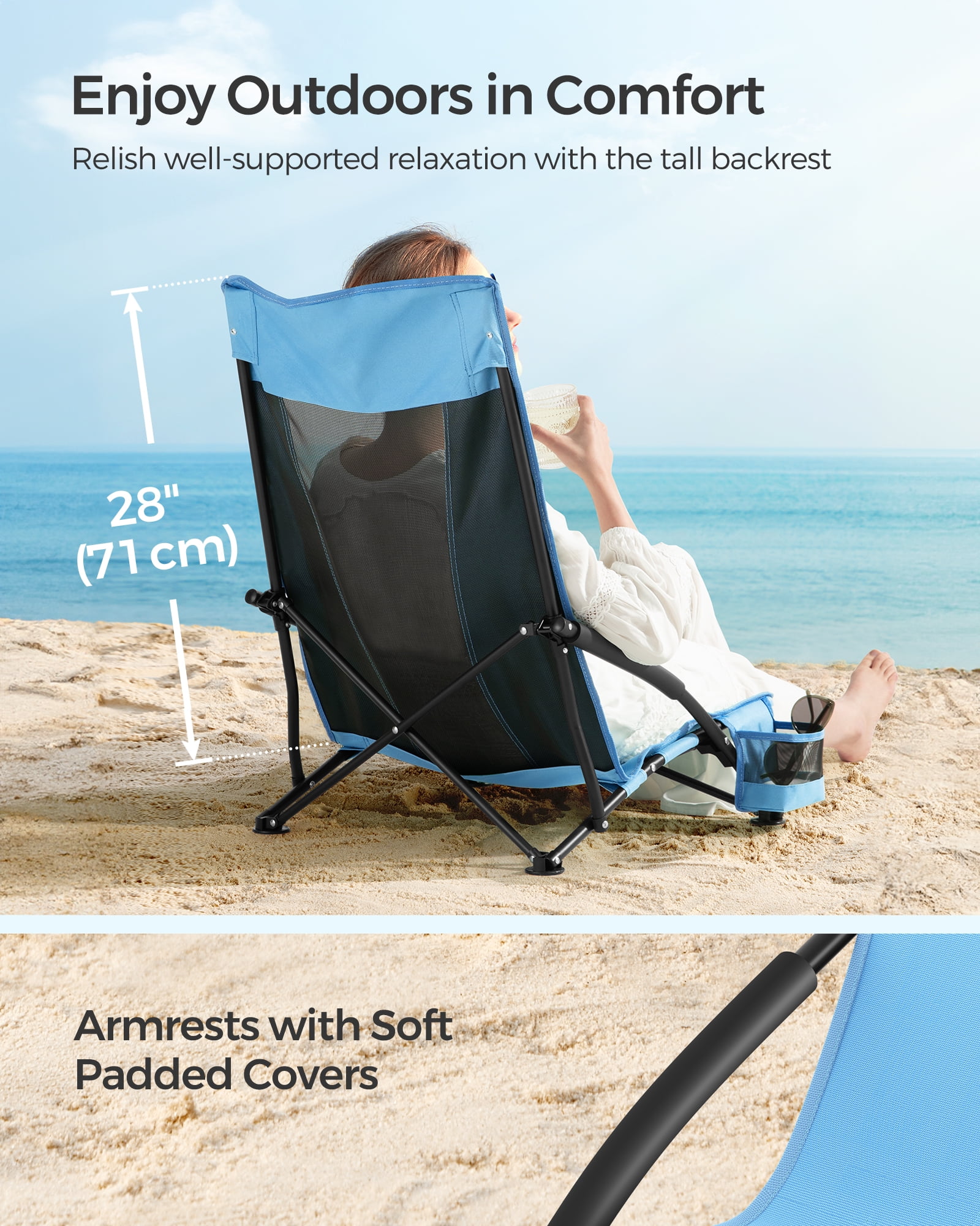 Set of 2 Camping Chairs, Beach Chairs, Portable Outdoor Chairs, with High Backrest, Cup Holder, Lightweight, Heavy-Duty, Max. Load 330 lb per Chair, Light Blue