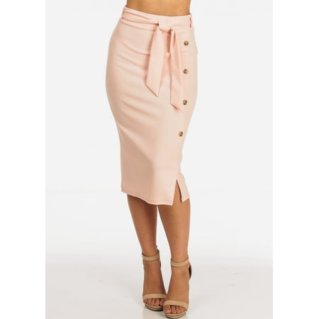 - Womens Juniors Women's Junior Ladies Dressy Office Business Career Wear Light Pink Mauve Skirt With Front Button Detail And Tie Belt Skirt 10254X