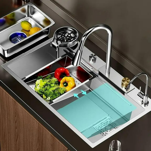 Brushed Nickel 31.5" Flying Rain Stainless Steel Waterfall Kitchen Sink with Faucet Single Bowl