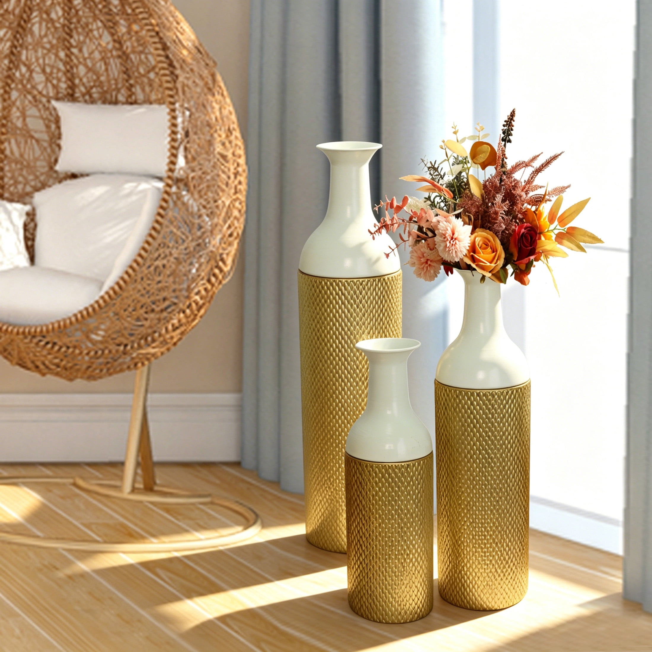 Noble House Set of 3 Decorative Metal Floor Vases, Tall Textured Vases for Home Decor, White+Gold
