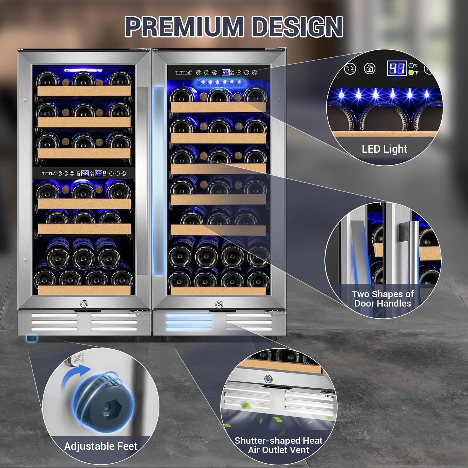Tittla 15 Inch Dual Zone Wine Cooler and 15 Inch Single Zone Wine Cooler 60 Bottle with Upgraded Compressor Under Counter or Freestanding Low Noise