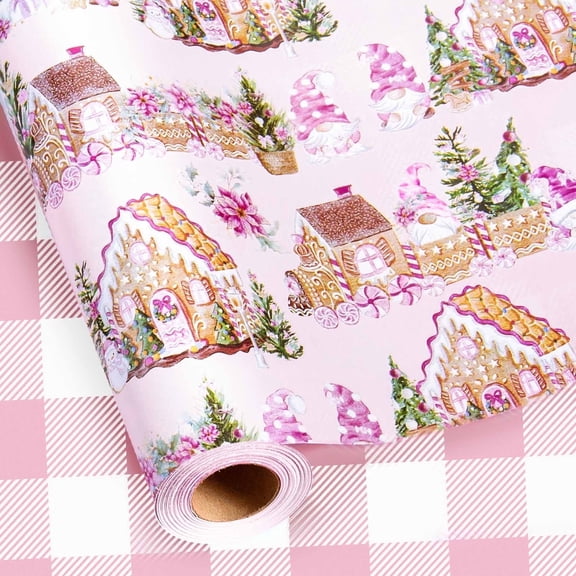 HOMERAL Christmas Wrapping Paper Roll - Pink Gift Wrap with Gingerbread House, Christmas Tree, Snowman, Flower, Gnome - Perfect for Christmas - 17 Inch X 33 Feet