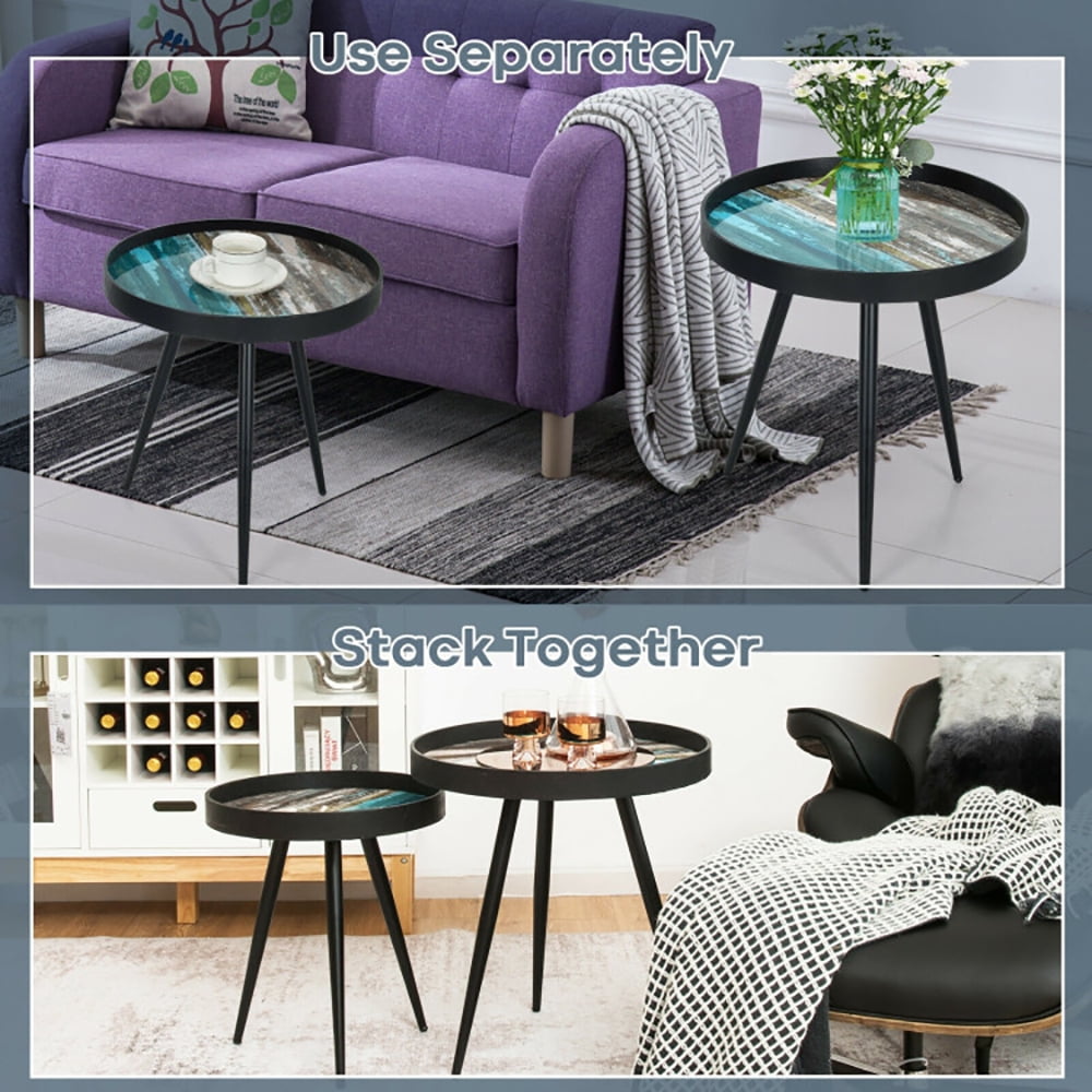 Finihen Round Nesting Coffee Table, Modern Nesting Side Set, Set of 2 Stylish Nesting End Tables with Wooden Tray Top and Steel Legs, for Living Room, Bedroom, Reception Room, Black Finihen Round Nesting Coffee Table, Modern Nesting Side Set, Set of 2 Stylish Nesting End Tables with Wooden Tray Top and Steel Legs, for Living Room, Bedroom, Reception Room, Black