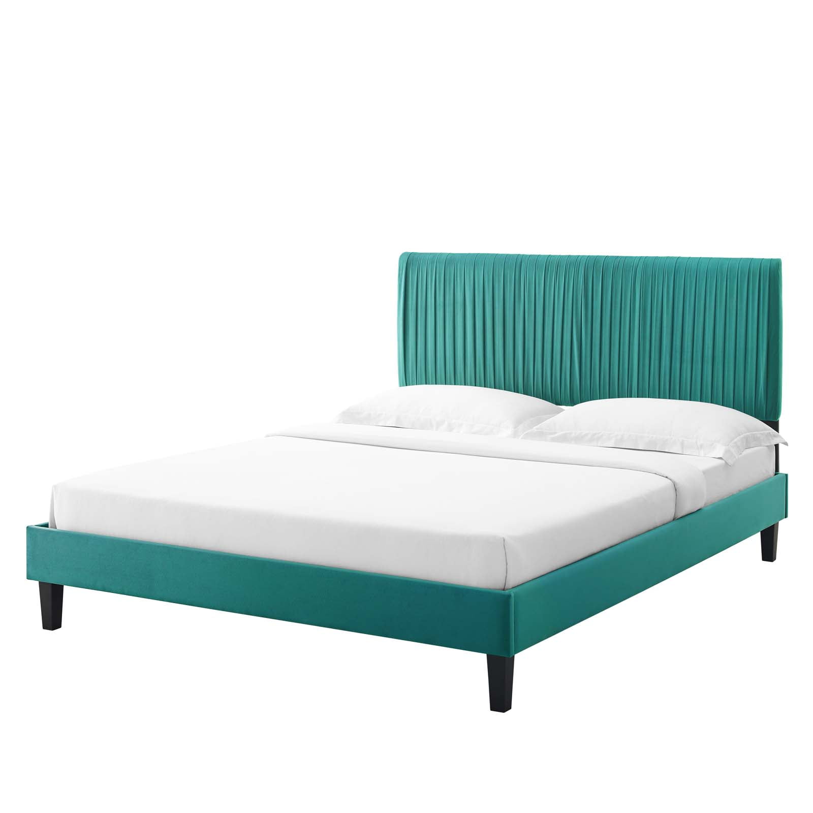 Platform Bed Frame, King Size, Velvet, Teal Blue, Modern Contemporary