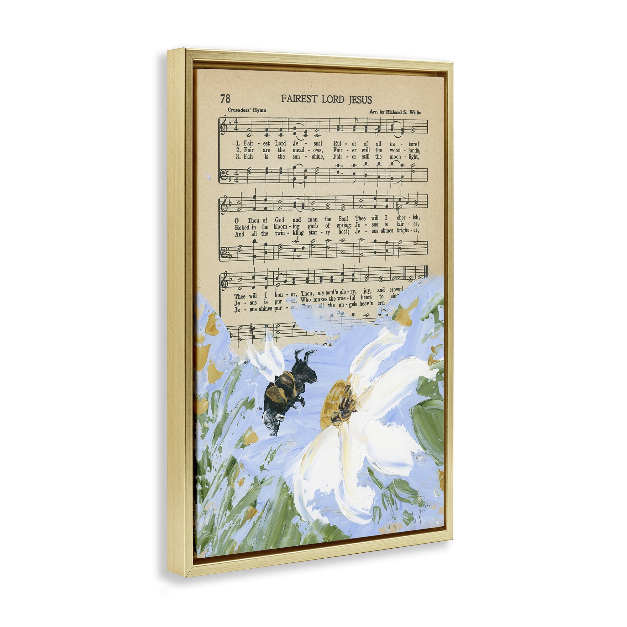 Stupell Industries Floral Music Hymn Religious Painting Gold Floater Framed Canvas Art Print Wall Art, 17 x 25