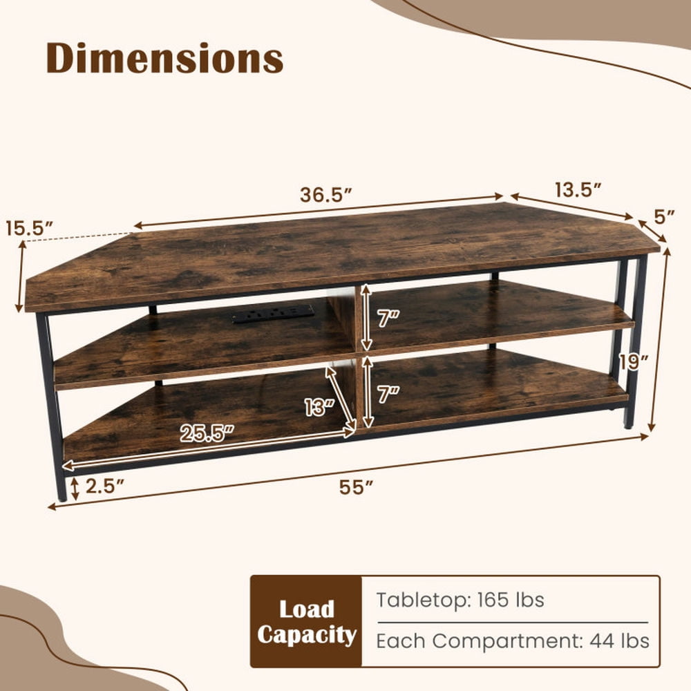 Finihen TV Stand, Entertainment Center, 3-Tier Corner TV Stand for TVs up to 65 Inches with Charging Station, for Living Room, Rustic Brown