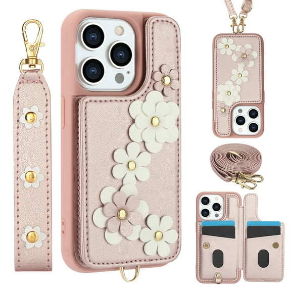 Allytechgroup Stylish Flower Design Apple iPhone 13 Pro Wallet Case, Shockproof Phone Case with Cards Holder, Hand Strap, and Crossbody Shoulder Strap Luxury Case for iPhone 13 Pro, Rosegold