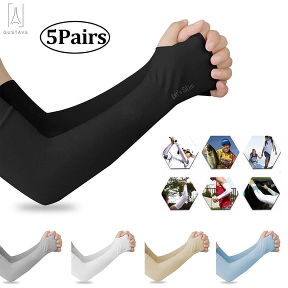 Gustave UV Sun Protection Cooling Arm Sleeves, 5 Pairs, Nylon Spandex, Black/Gray/Blue/White/Skin