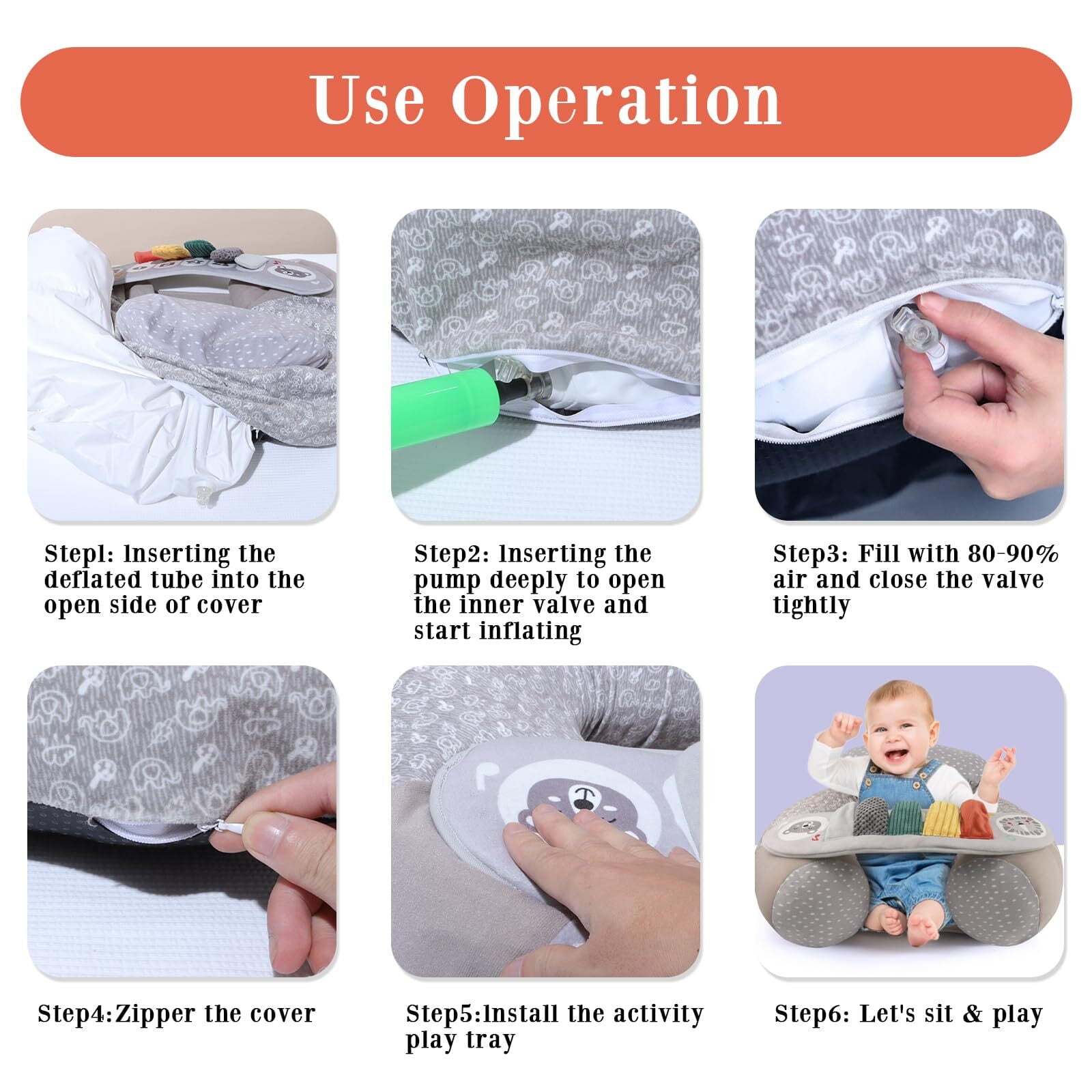 RoamReady Infant Inflatable Baby Chair with Non-Toxic PVC Cover and Sensory Tray, 3-36 Months