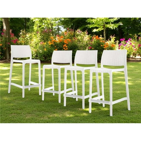 HomeRoots 565352 26 in. White Faux Rattan Heavy Duty Plastic Low Back Outdoor Counter Height Bar Chairs - Set of 4