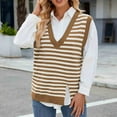 thumbnail image 6 of Olyvenn Sweater Vest for Women Split Hem Casual Striped V Neck Sleeveless Knitted Loose Pullover Sweaters Tops Brown L, 6 of 7