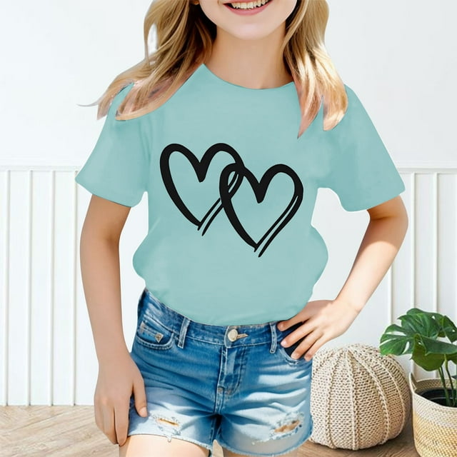 T-shirts pour Filles Imprimé Manches Courtes Col Rond Vêtements d'Été pour Filles Tenues pour Filles 4-5 Ans Mode