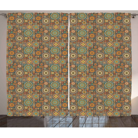 Ambesonne Moroccan Curtains 2 Panel Set, Eastern Old Folkloric, 108" x 84", Turquoise Orange