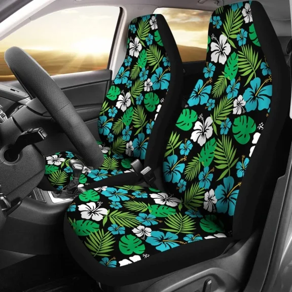 Blue And Green Hibiscus Flower Patten On Black Car Seat Covers Pack of 2 Universal Front Seat Protective Cover