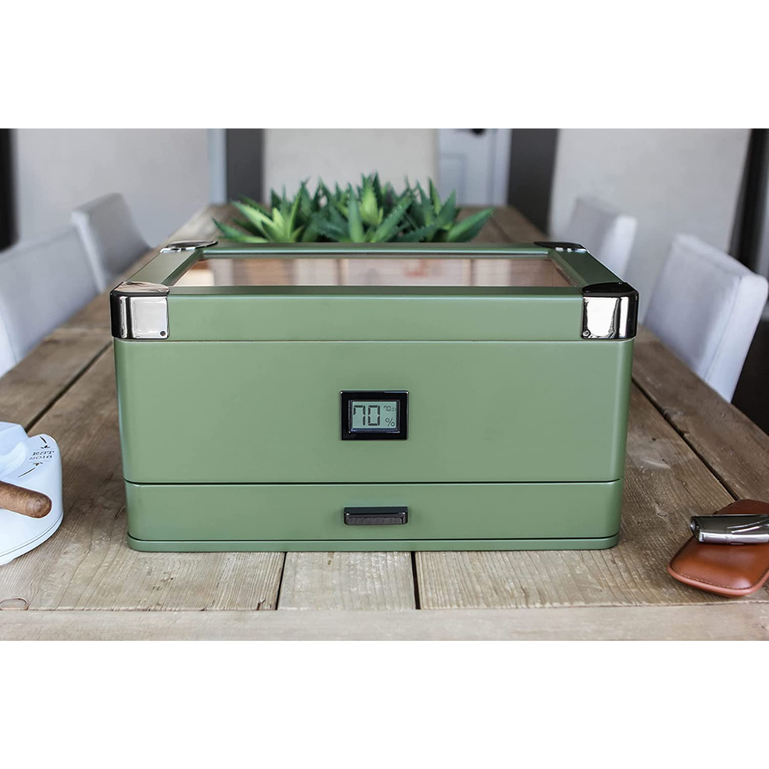 Case Elegance Military Glass Top Humidor, Spanish Cedar, Matte Green with Front Hygrometer Holds 70-100 Cigars