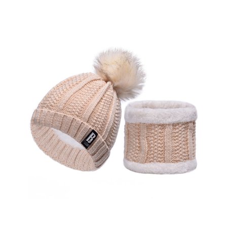 Women Fleece Fur Pom Neck Warmer Beanie Set Wool Crochet Knit Hat Bobble Ski (Best Bobble Hats 2019)