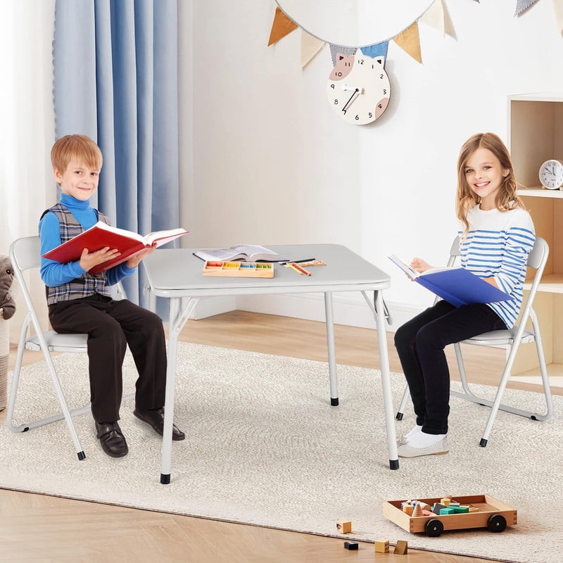 TROPOW Kids Folding Table and Chairs Set of 2, 3-Piece Children's Activity Table Set with Padded Vinyl Cushion, Toddler Table Set for Playroom, Nursery, Bedroom