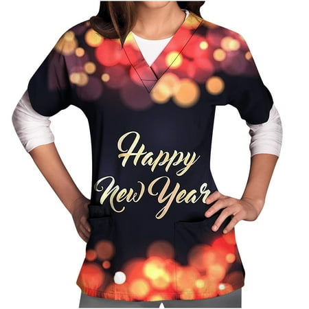 

Odeerbi Scrub Tops for Women V Neck T-Shirt Short Sleeve Happy New Year Printed Pockets Blouse Multicolor