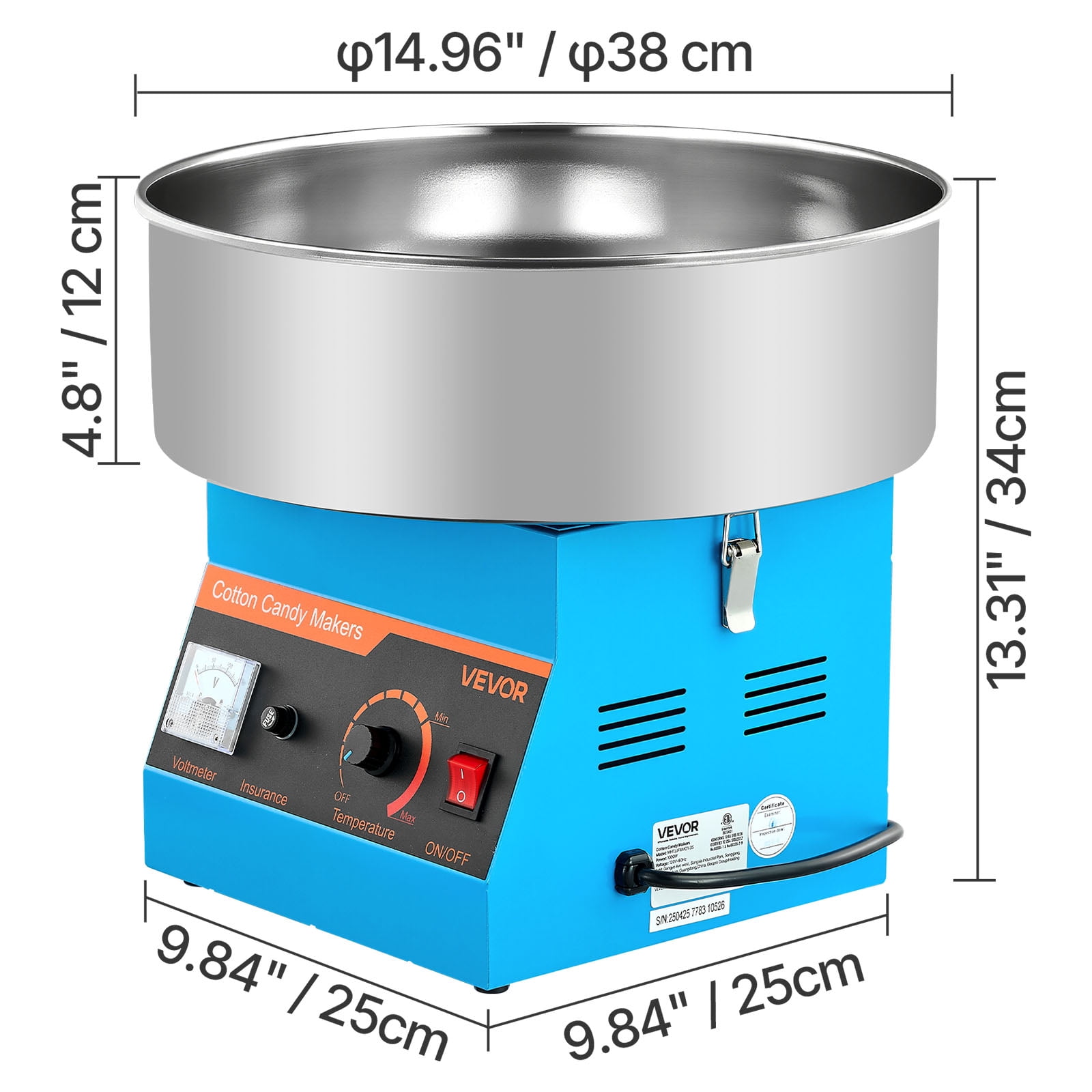 VEVOR Cotton Candy Machine Commercial, 1000W Electric Candy Floss Maker, Easy Use with 15 inch Stainless Steel Bowl and Sugar Scoop, Makes Hard Candy for Home Kids Birthday, Family Party, Blue