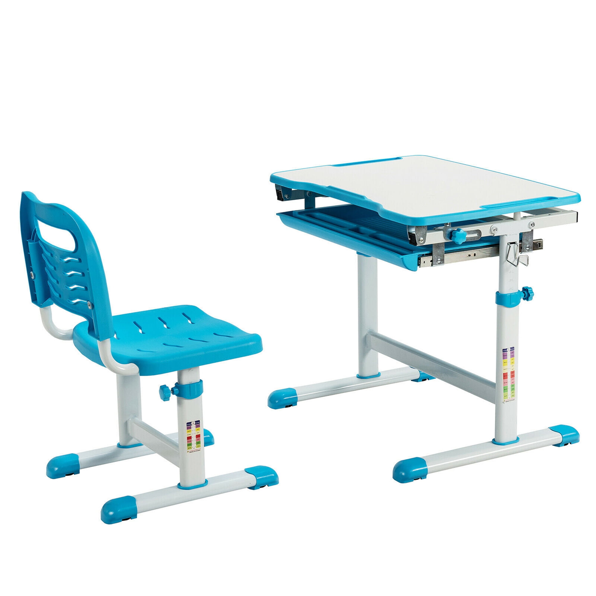 Gymax Kids Desk and Chair Set Height Adjustable w/Drawer Blue & Tilted
