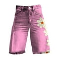 thumbnail image 4 of Stephy Flare Denim Shorts for Women Wide Leg Denim Shorts Woman Vintage Floral Print High Waisted Straight Stretch Pants with Pockets, Pink, XL, 4 of 4