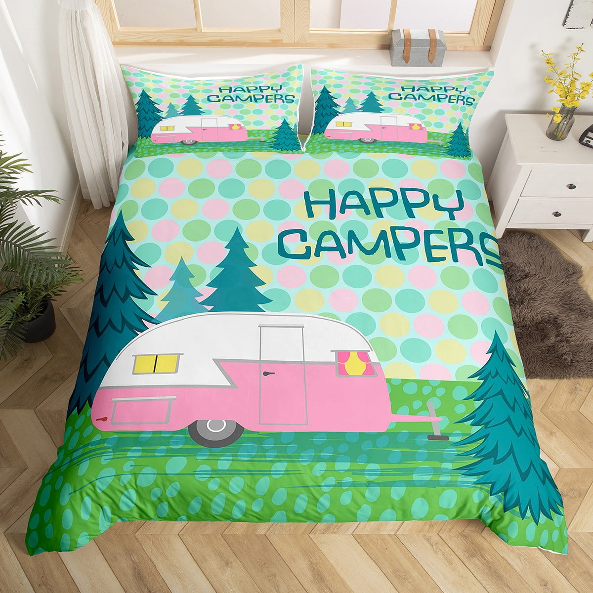 Pink Camper Bedding Set Camping Comforter Cover,Kids Girls Colorful
