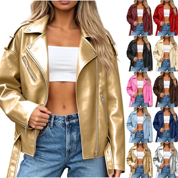 XUNKUSGA Faux Leather Jackets for Women Fashion Lapel Long Sleeve Zipper Up Moto Jacket Women with Buckle Belted Vintage Bike Motorcycle Coat Streetwear Black S