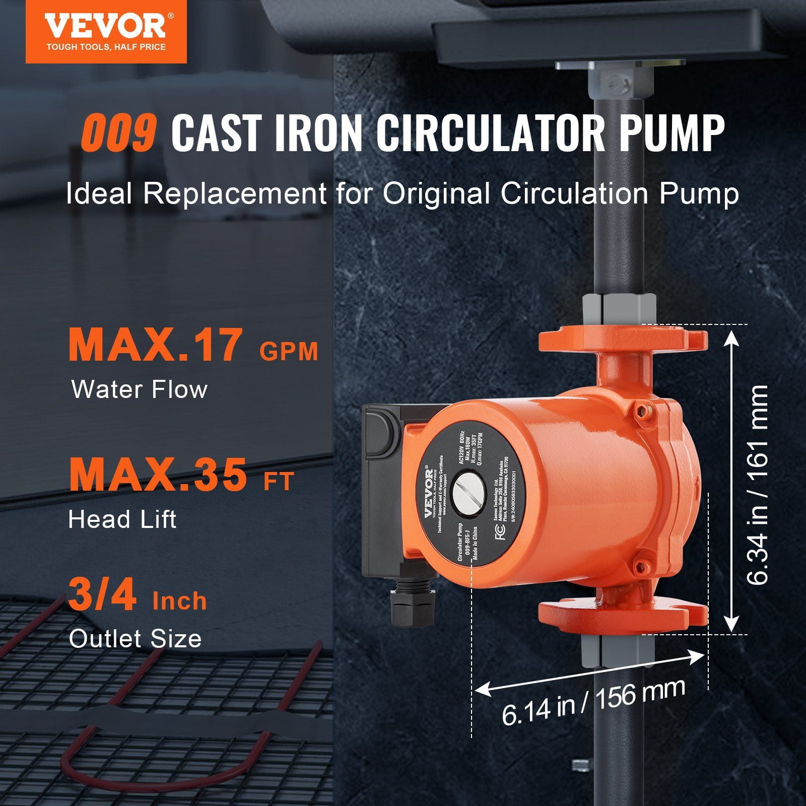 009-BF5-J Hot Water Recirculating Pump – 180W 110V, 17 GPM High Efficiency Circulation Pump for Tankless Water Heaters & Hydronic Heating Systems