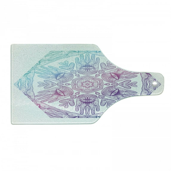 Hamsa Cutting Board, Evil Eye Themed Boho Ombre Color Pattern Hamsa Hands Cosmos Mandala, Decorative Tempered Glass Cutting and Serving Board, Wine Bottle Shape, Blue Purple, by Ambesonne