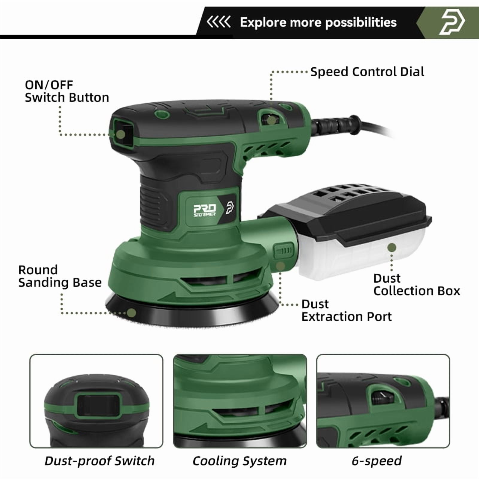 300W Random Orbital Electric Sander Machine with 21Pcs 125mm Sandpapers，6000-13000 RPM Strong Dust Collection Polisher by PROSTORMER