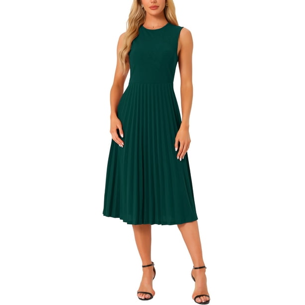 Vestido midi elegante de punto sin mangas con volantes y dobladillo plisado de INSPIRE CHIC L Verde Oscuro