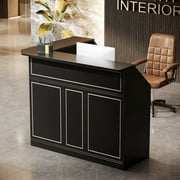 Finmind L-Shaped Reception Desk with Storage Shelves, Modern Front Counter Table for Office, Salon, Checkout Office, Black