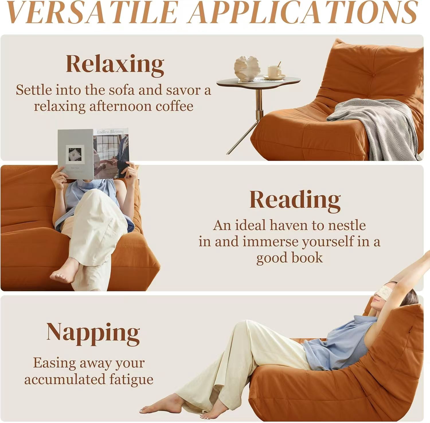 MOONMISS Armless Bean Bag Chairs for Adults,Memory Foam Bean Bag Chair for Living Room Bedroom Office，Orange