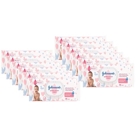 Johnson's Baby Wipes Gentle, No Alcohol and Dyes, Flip Top, With Silk Extract, 56 Count (Pack of 12)