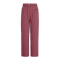 thumbnail image 2 of QLEICOM Womens Slacks Women's Wrinkle Free Relaxed Fit Straight Leg Pants Fashion Loose Cotton Linen Ladies Solid Elastic Waist Wide-leg Button Pants Wide Leg Pants Relaxed Fit Trousers Wine XXXL, 2 of 4