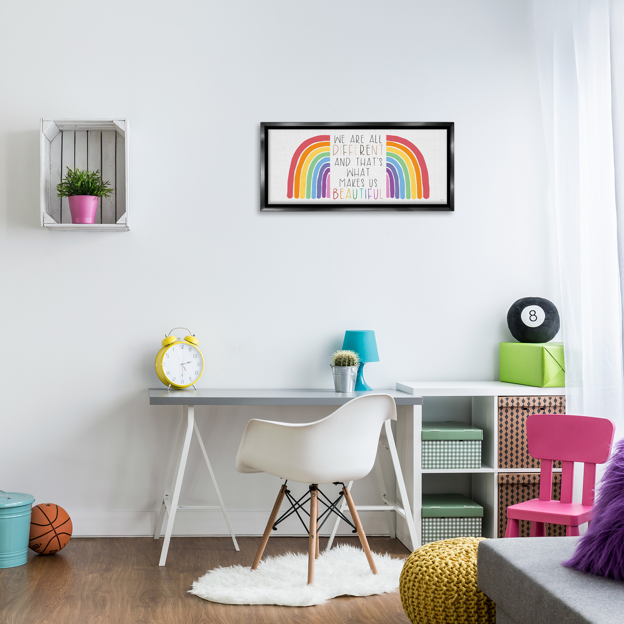 Stupell Industries Different Is Beautiful Rainbow Inspirational Painting Black Floater Framed Canvas Art Print Wall Art, 31 x 14