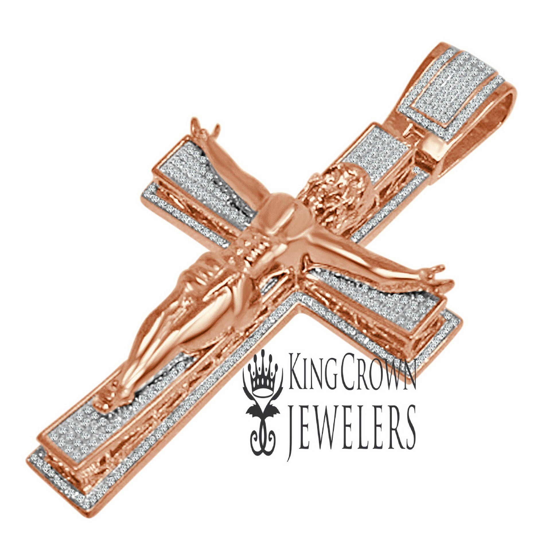 Mens Big XL 3.5'' Real Rose Sterling Silver Jesus Crucifix Cross Charm Simulated Diamond Custom Pendent