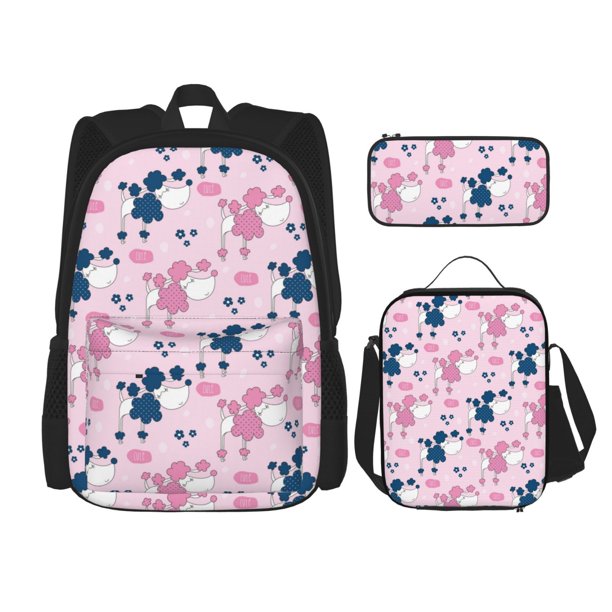 Easygdp Cartoon Poodle Dog Mochila para Niños y Niñas con Set de Caja de Almuerzo y Estuche para Lápices 3 en 1, Mochila Escolar Estampada para Adolescentes