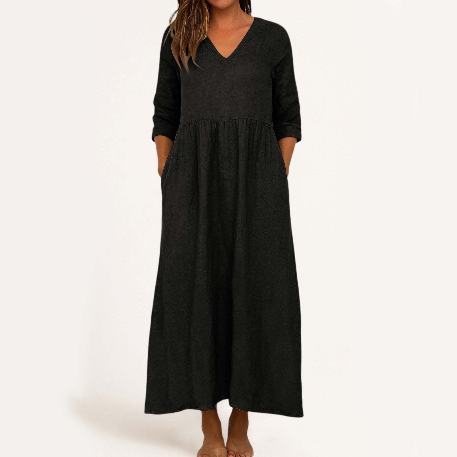 JGGSPWM Linen Dress Women V Neck Long 3/4 Sleeve Tunic Boho Maxi Dress Casual Spring and Autumn Plain Flowy Beach Vacation Dresses Black XL