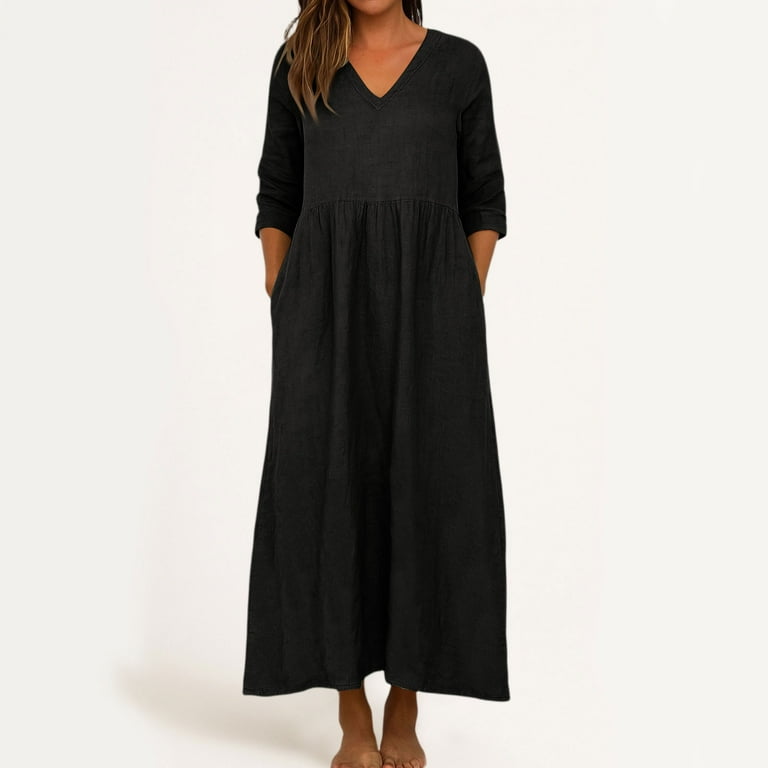 Vbvc No Boundarie Women's Fall 3/4 Sleeve Maxi Dress,Ladies V-Neck Linen Dress with Pockets,Breathable Long Dress for Daily Wear,Black,Size L, Size: Vbvc No Boundarie Women's Fall 3/4 Sleeve Maxi Dress,Ladies V-Neck Linen Dress with Pockets,Breathable Long Dress for Daily Wear,Black,Size L, Size:
