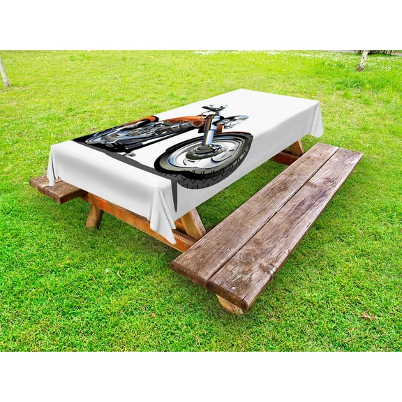 Motorcycle Outdoor Tablecloth, Adventure Motorbike Image Motorcyclist Adventure Race Powerful Engine Vehicle, Decorative Washable Fabric Picnic Tablecloth, 58 X 120 Inches, Orange Black, by Ambesonne
