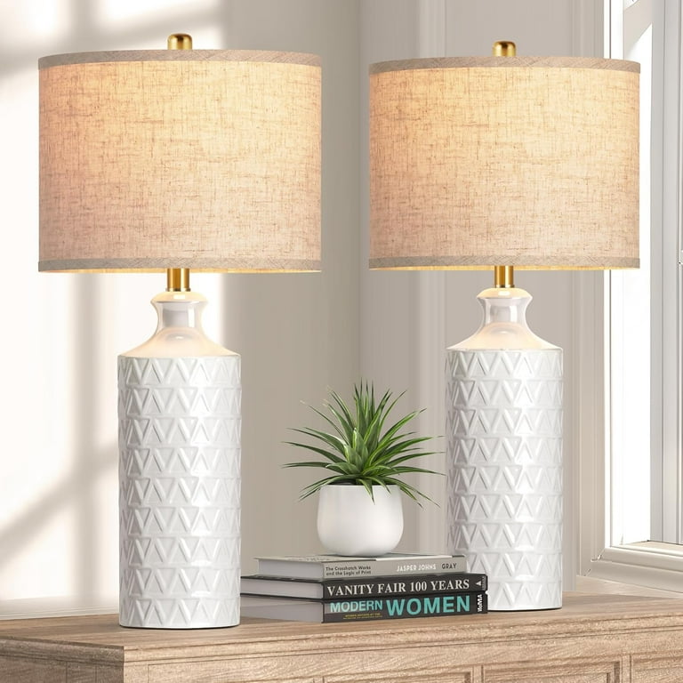 Farmhouse Ceramic Table Lamp With Linen Shade - Rustic Clay Pot Lamp For Bedroom, Living Room, Nightstand
