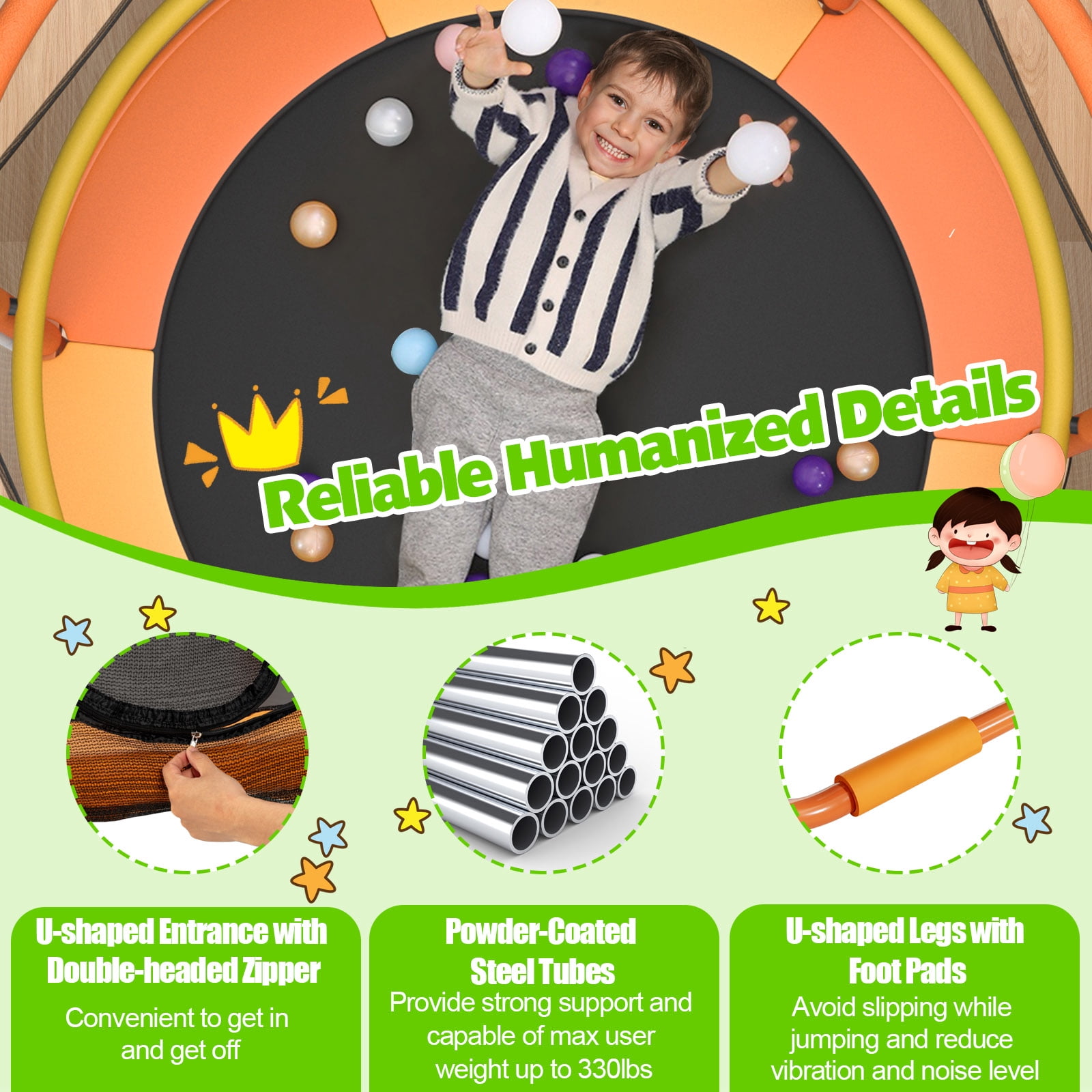 Topbuy 60 Inch Kids Trampoline, 330 LBS 3-in-1 Trampoline w/ Swinging Rings 3-Level Height Adjustable Horizontal Bar Orange