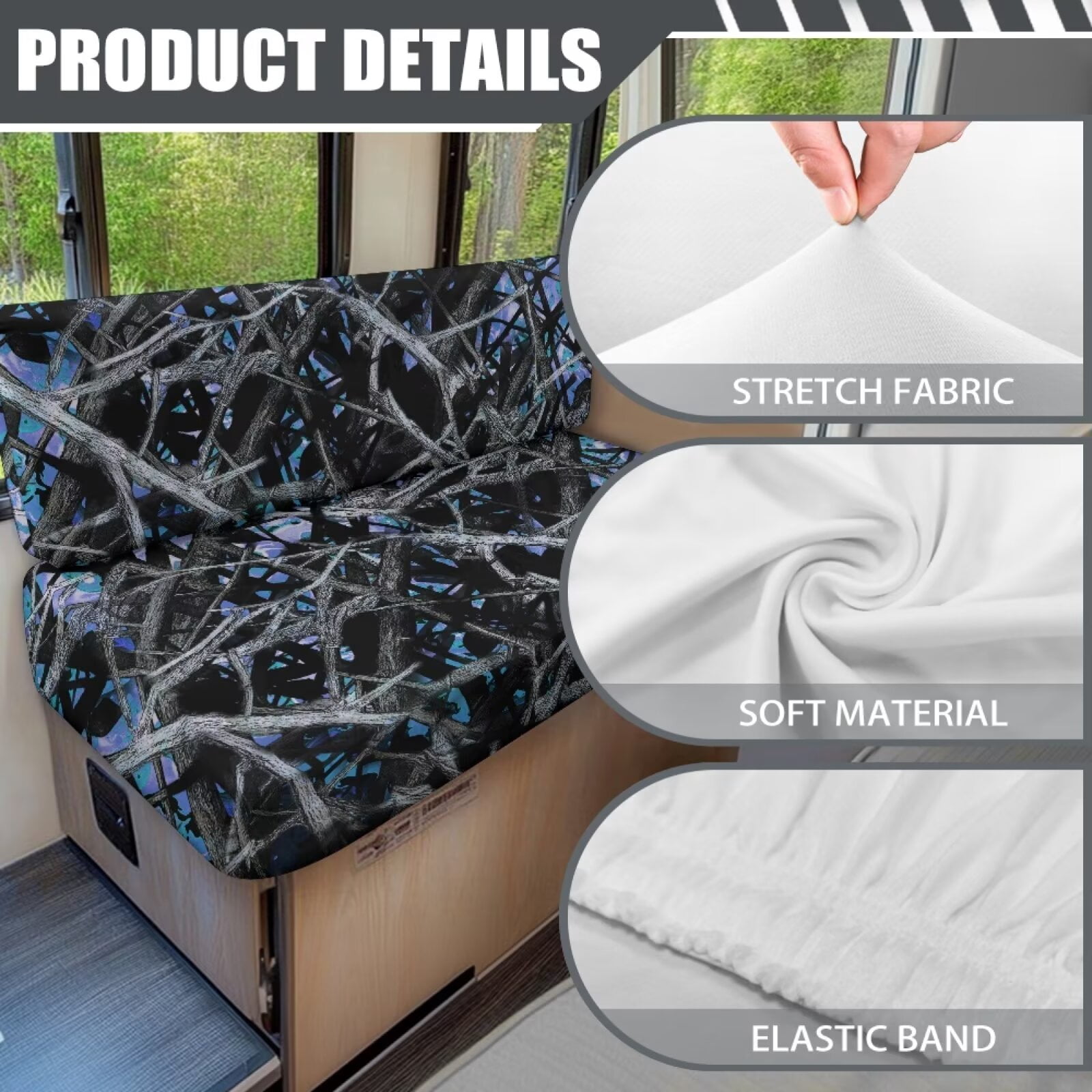 Psesaysky RV Dinette Seat Covers with Elastic Edge Non Slip Washable Blue Camo Hunting Forest Camper Couch Covers for Sofa Universal Fit for Travel Trailer RV Cushion Slipcovers