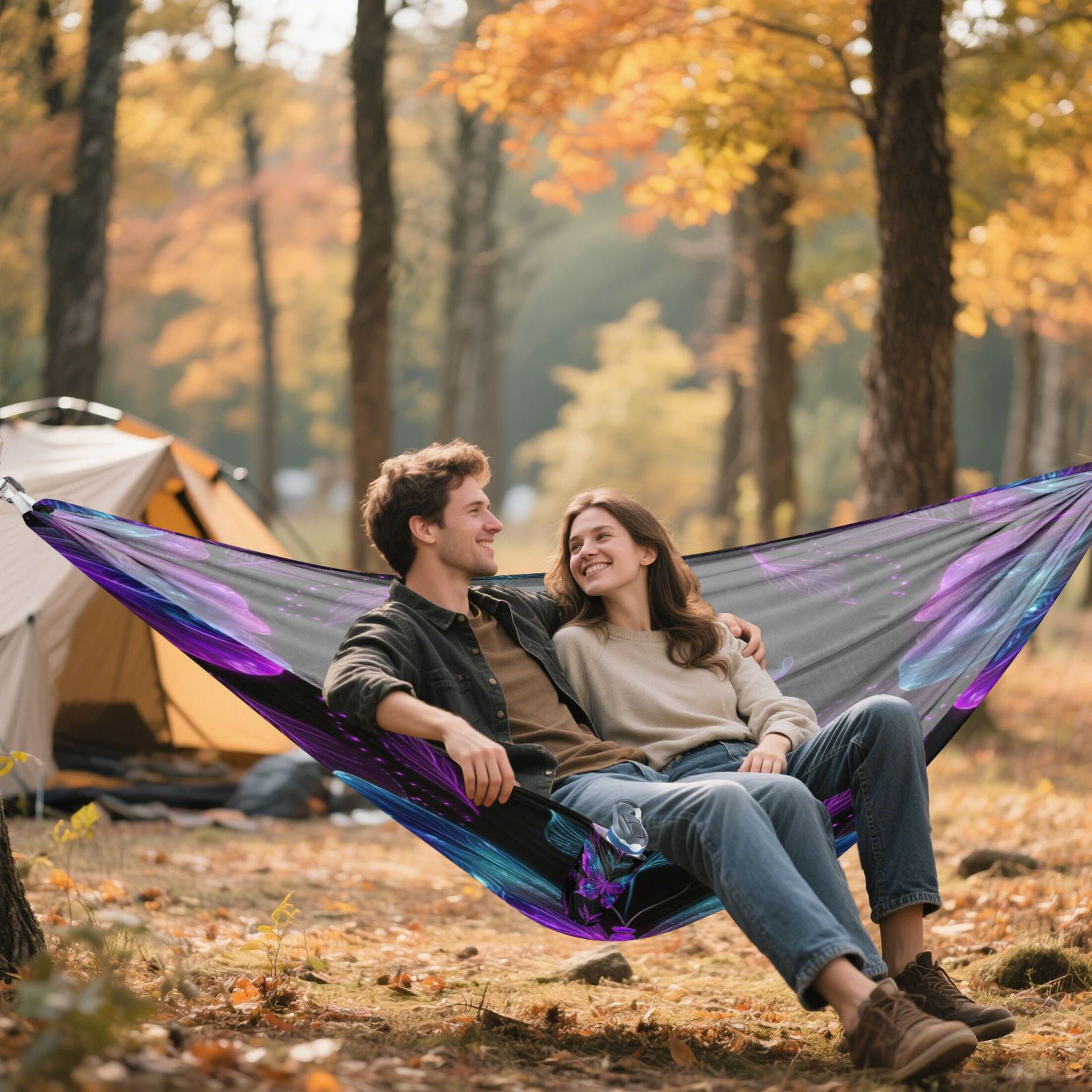 Hanging Hammock Portable Travel Camping For Outdooor Beach Camping Hiking Neon Purple and Blue Butterflies