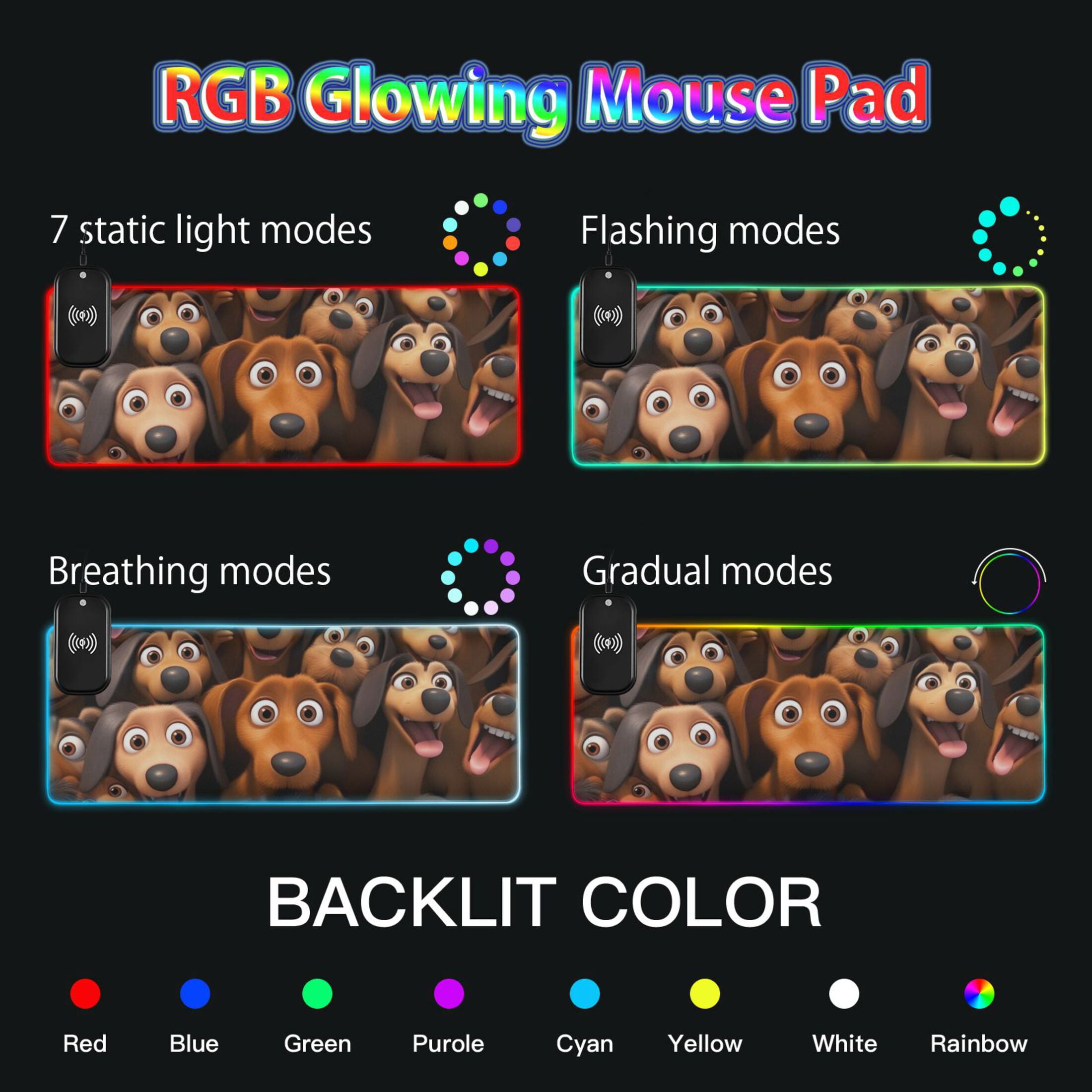Cartoon Dachshund Wireless Charging RGB Gaming Mouse Pad Large Keyboard Mat Rubber Base 13 Light Modes