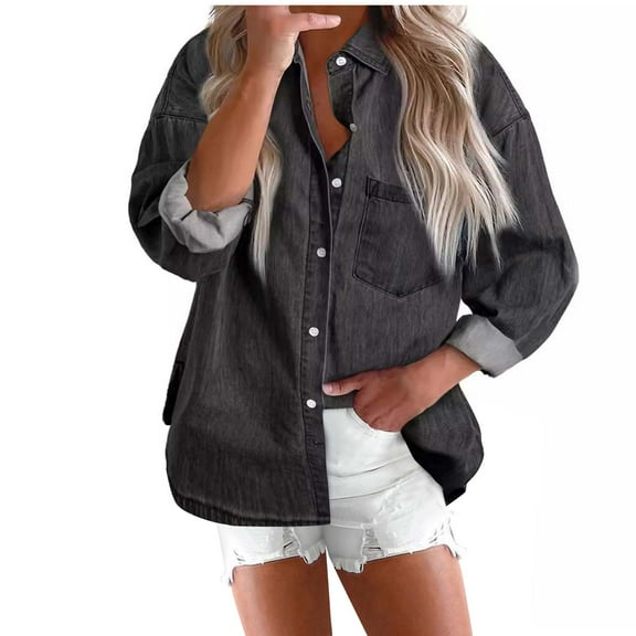 HTNBO Women's Casual Button Down Denim Shirt Long Sleeve Boyfriend Oversized Jean Jacket with Pockets