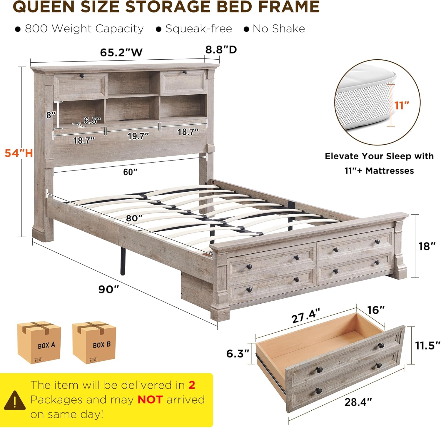 KeyWhat Farmhouse Queen Size Bed Frame with 54" Tall Storage Bookcase Headboard, Wood Platform Bed Frame with 2 Drawers, No Box Spring Needed, Light Rustic Oak