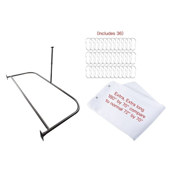 Utopia Alley Rustproof Wall Mounted Aluminum D-shape Shower Curtain Rods With Ceiling Support for Freestanding Tubs, 60 Inch Large Size by 25 Inch, Oil Rubbed Bronze   White Shower curtain 180x70in