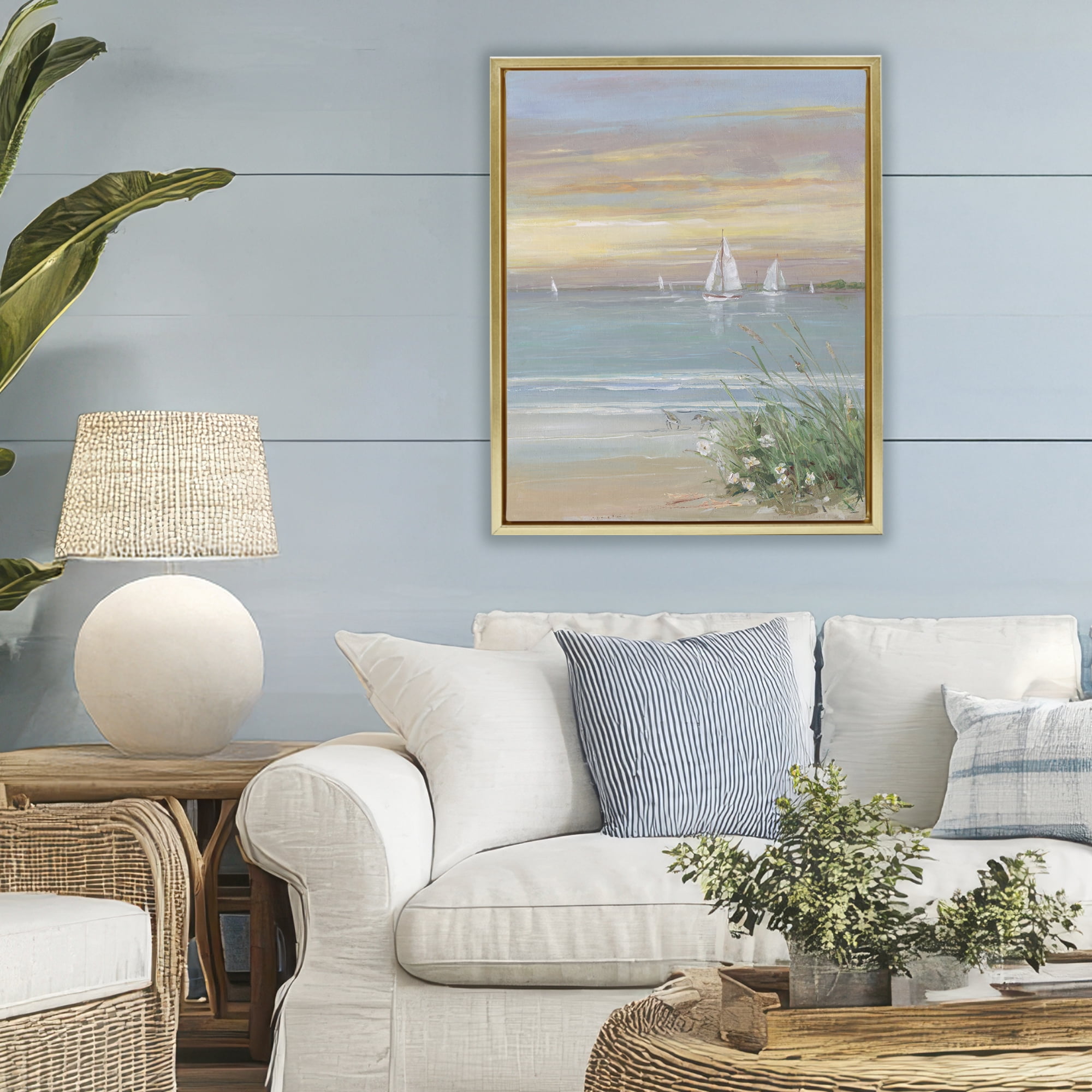 Stupell Industries Sailboats Beyond Sandy Shore Gold Framed Floater Canvas Wall Art, design by Sally Swatland